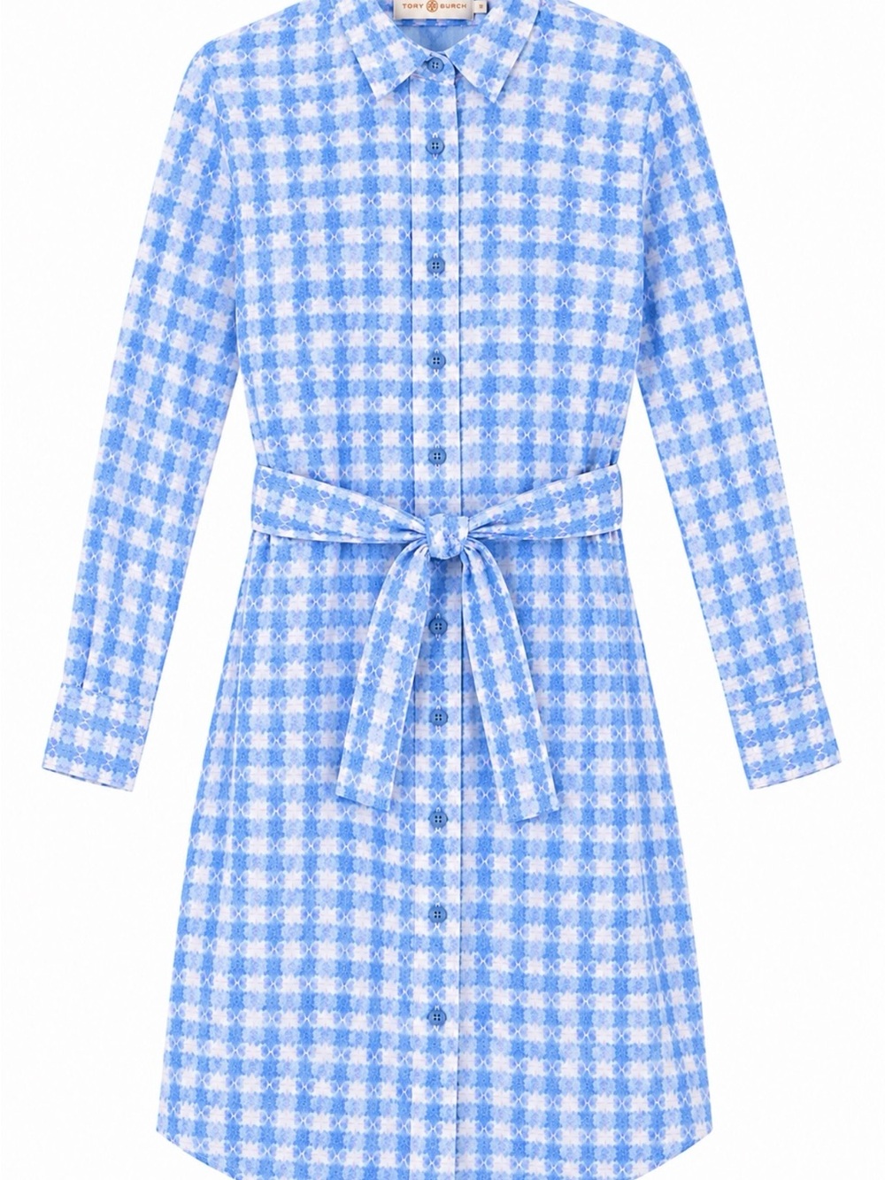 Tory Burch Blue Watercolor Belted Cotton Long Sleeve dress size 12. NWOT